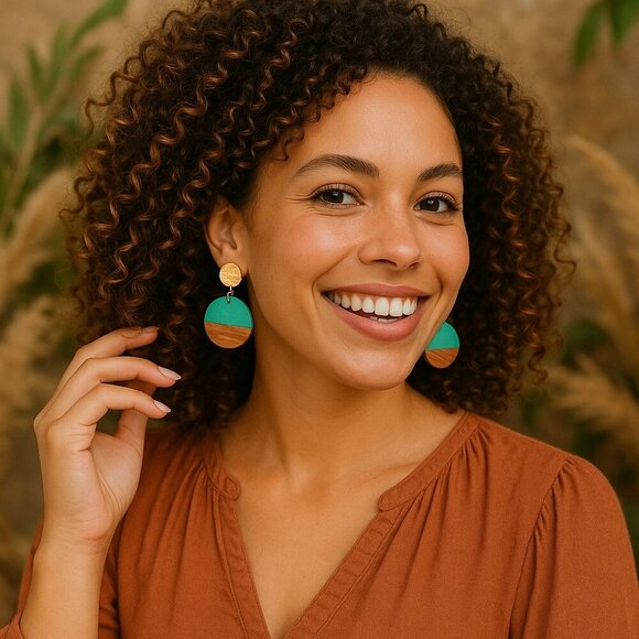 Boho Chic Turquoise Resin And Wood Drop Earrings Casual Elegant Trendy Design - Picture 3 of 12